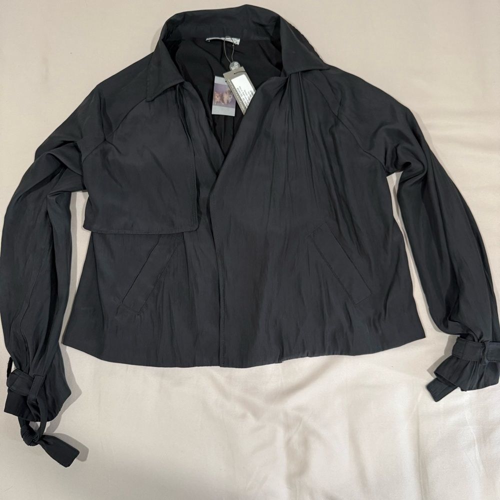 Lola & Sophie Distressed Satin Non-Closure Trench Jacket in Black - S